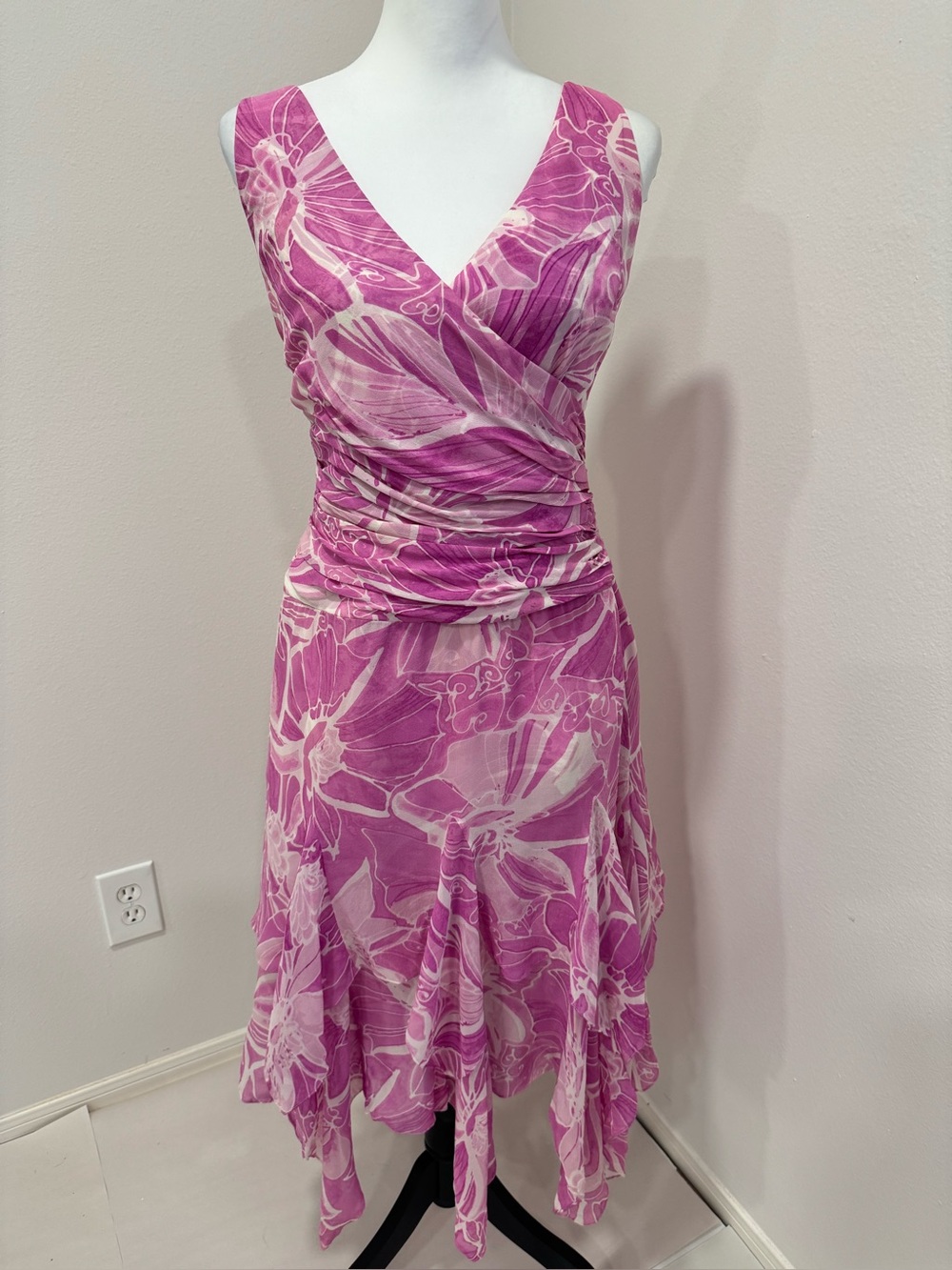 Kay Unger V-Neck Ruched Silk Dress Y2K 90s Fairy Dainty Asymmetrical 10